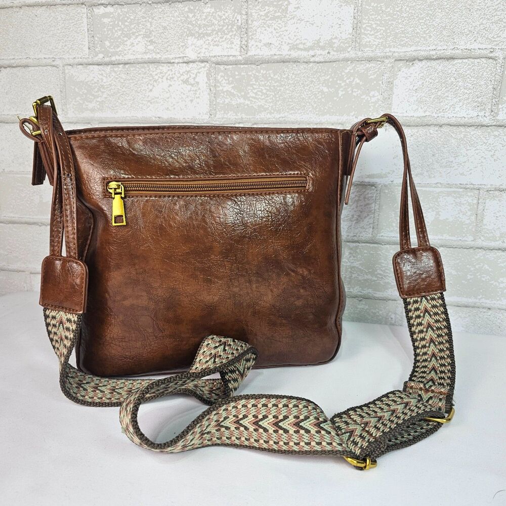Vintage Brown Faux Leather Crossbody Bag Boho Western Wide Strap Purse - Picture 3 of 12